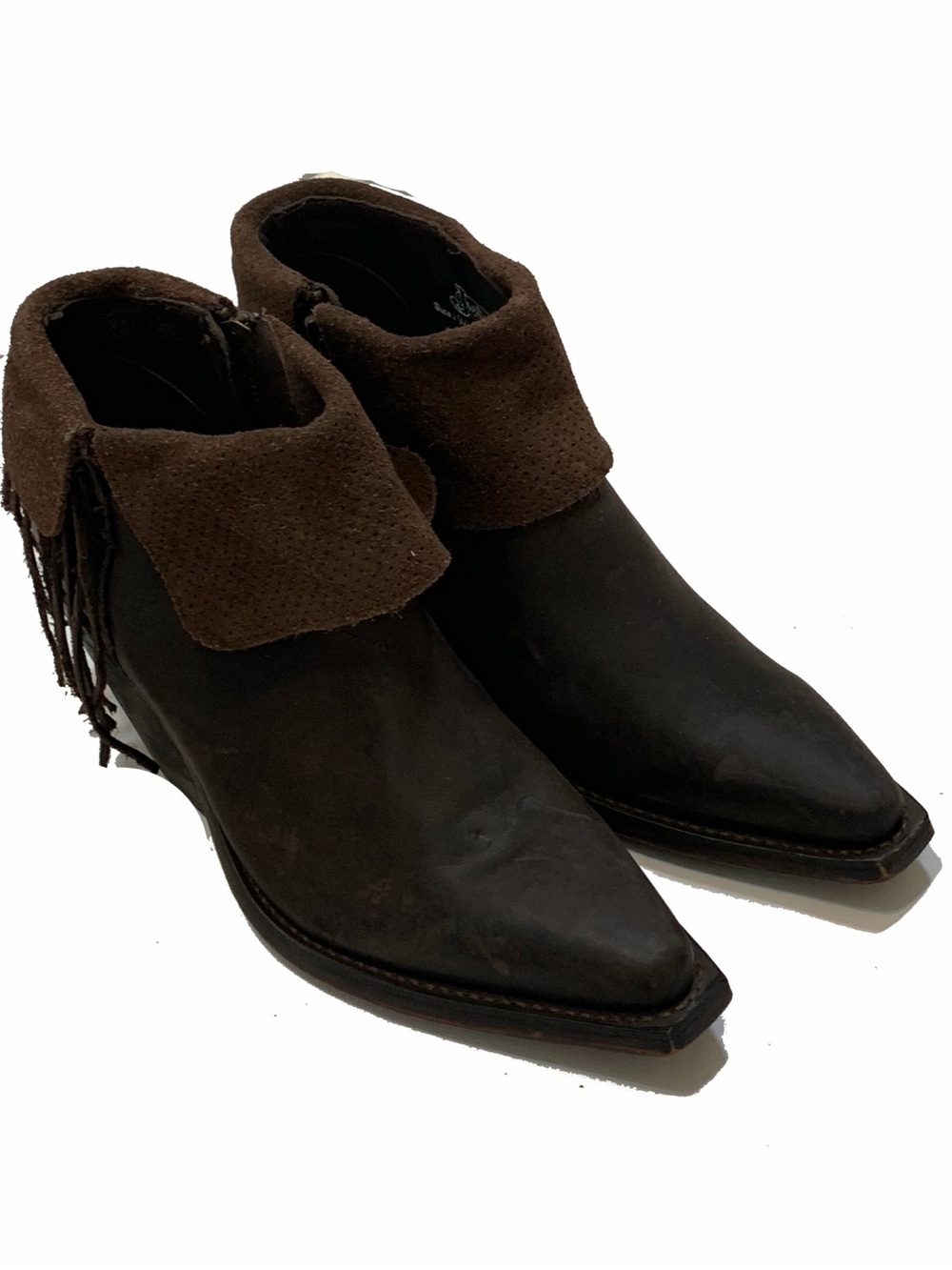 Reva By Justin Boots Dark Brown Leather Pointed Ankle Cowboy Boots with Fringe - Picture 2 of 8
